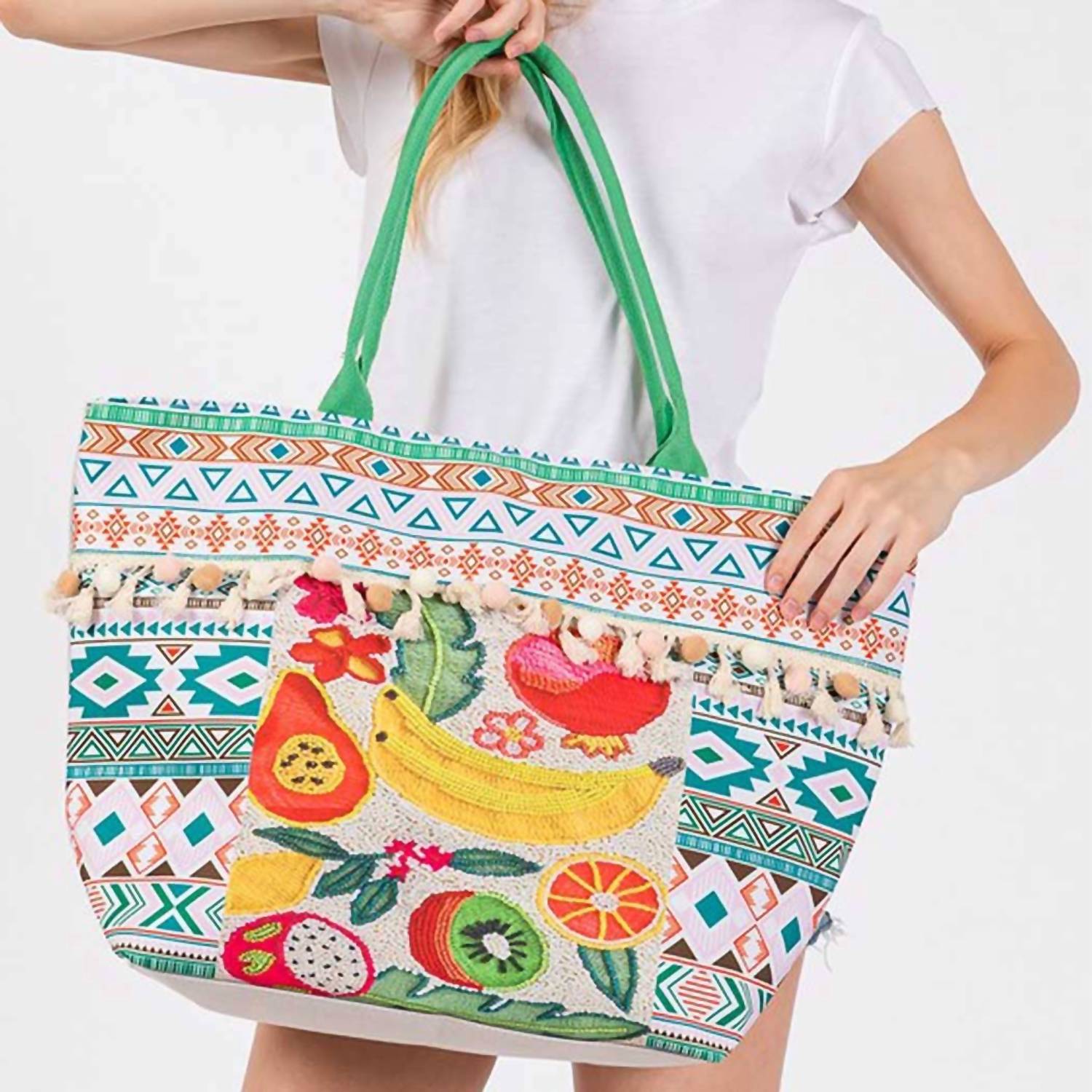 3Am By H&D Accessories - Women's Fruit Boho Print Pom Pom Fringe Tote Bag