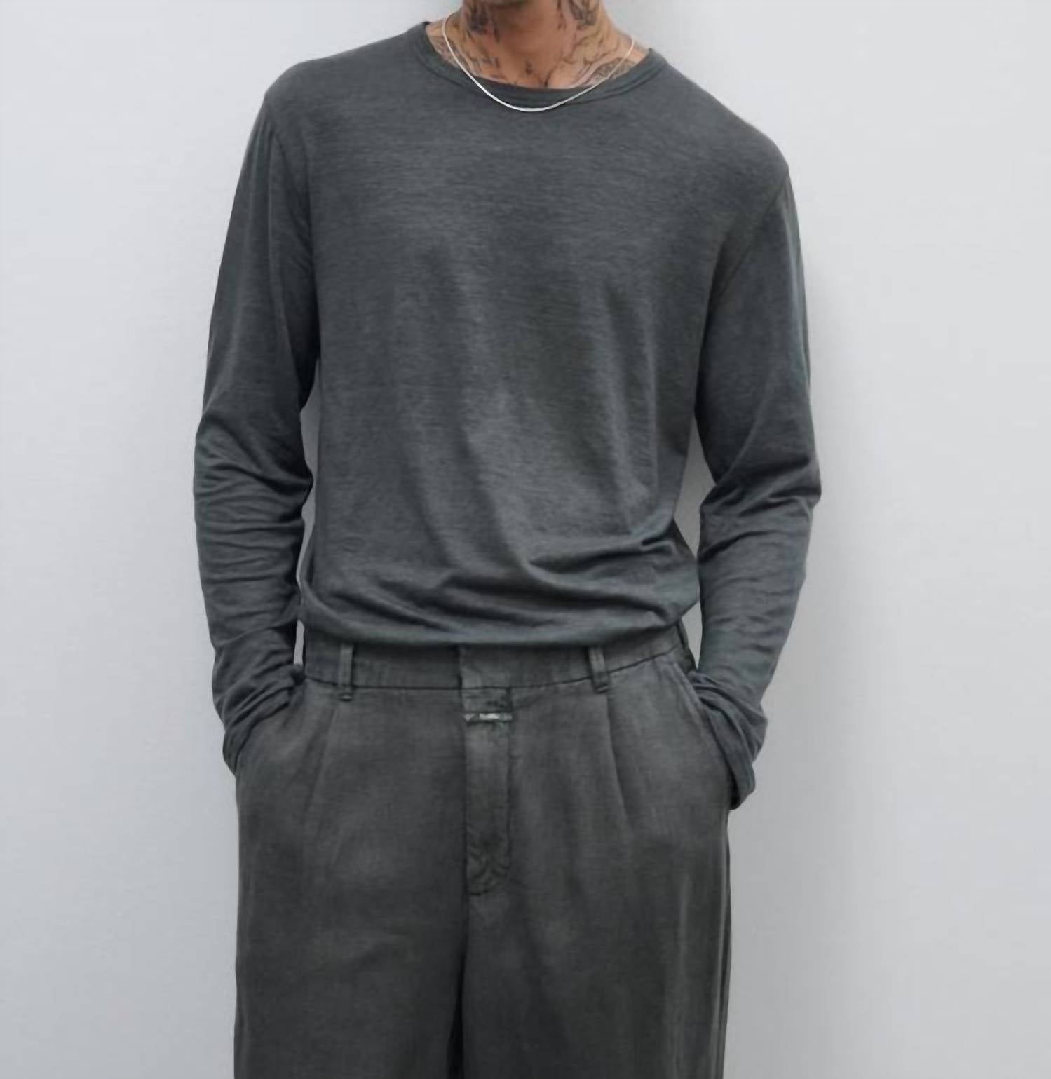 CLOSED Long Sleeve Linen T-shirt in pepper gray - men's long sleeve top
