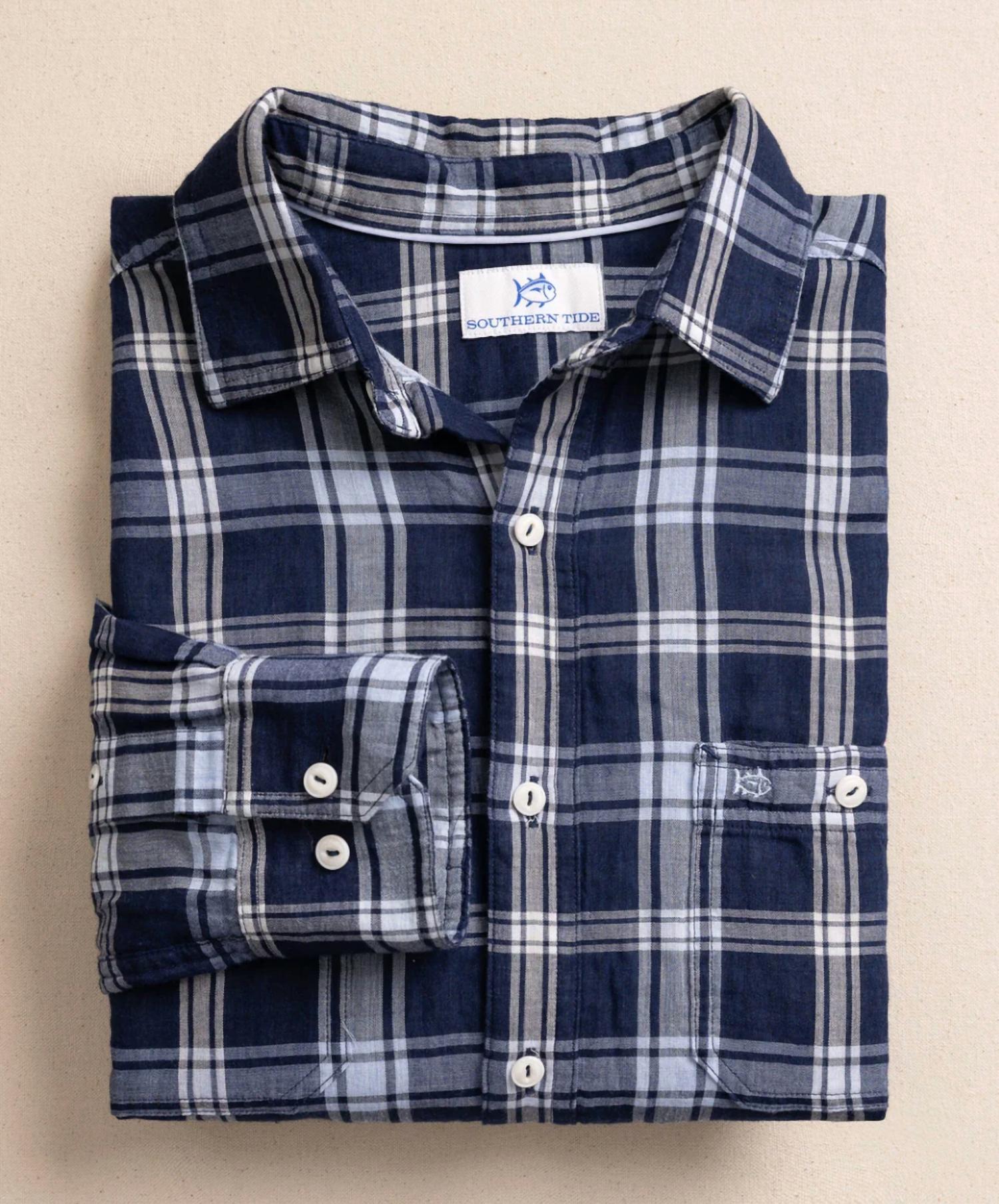 SOUTHERN TIDE Men's Somerset Plaid Double Cloth Sport Shirt in heather dress blue - men's shirt