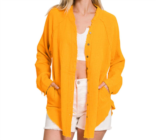 Zenana - Gauze Button Down Raw Edge Shirt