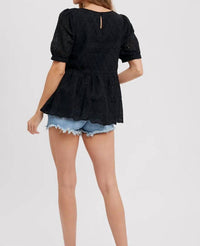 Bluivy - Eyelet Lace Puff Sleeve Peplum Top