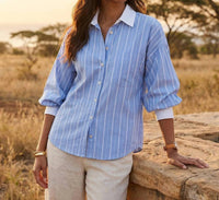 Karen Kane - Stripe Lantern Sleeve Button-Up Shirt