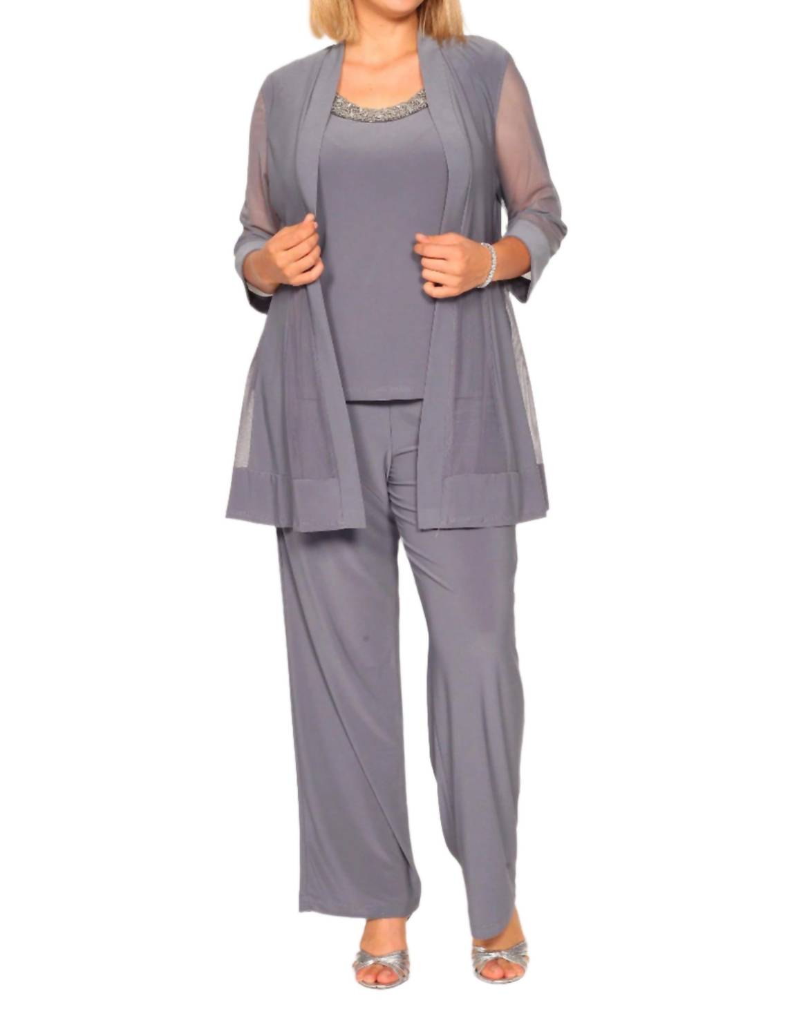 R&M Richards - Pants Suit Sleeveless Top With Soft-cut Draped Lapel Mesh Jacket Set