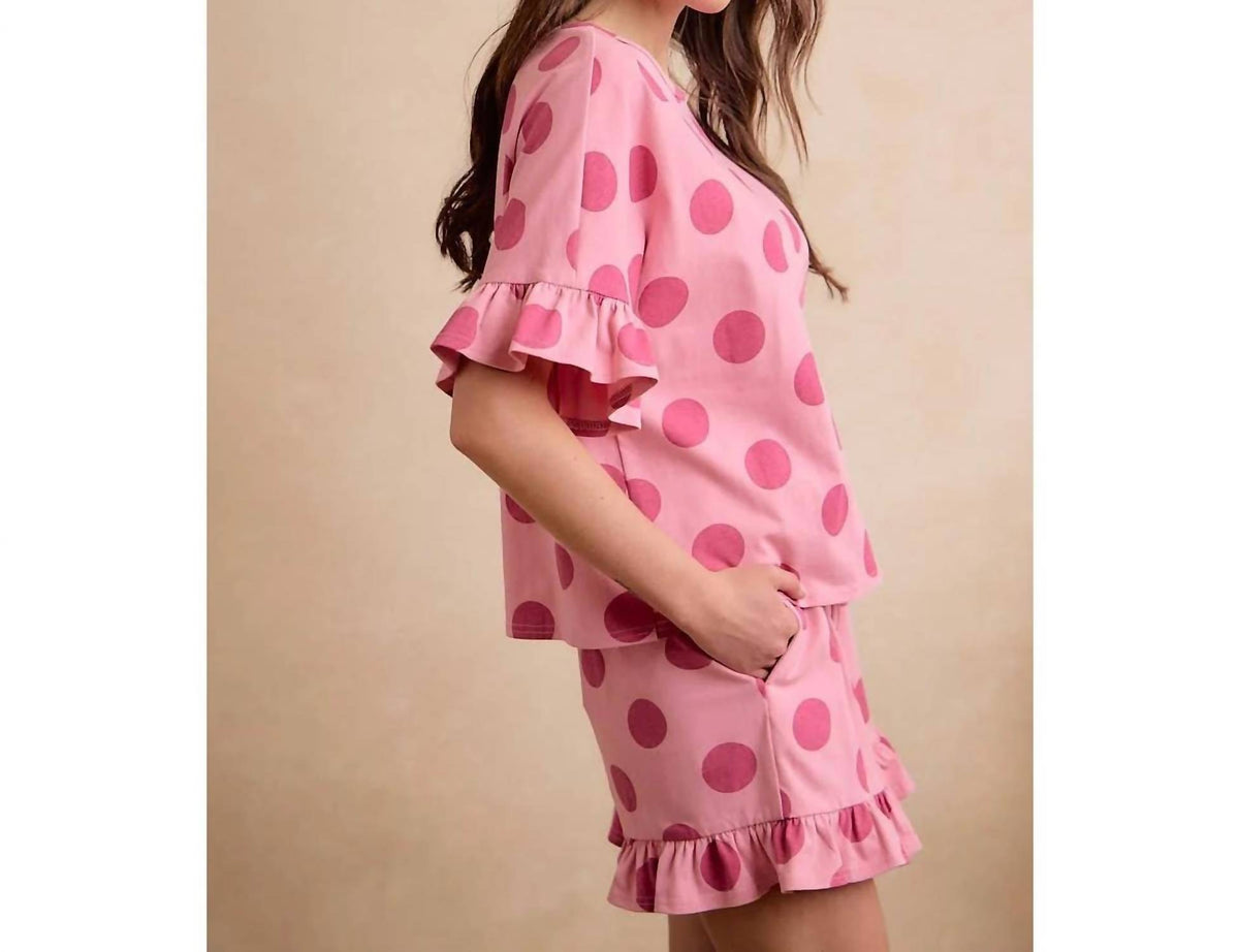 Bibi - Polka Dots Printed Ruffled Detail Top And Shorts Set