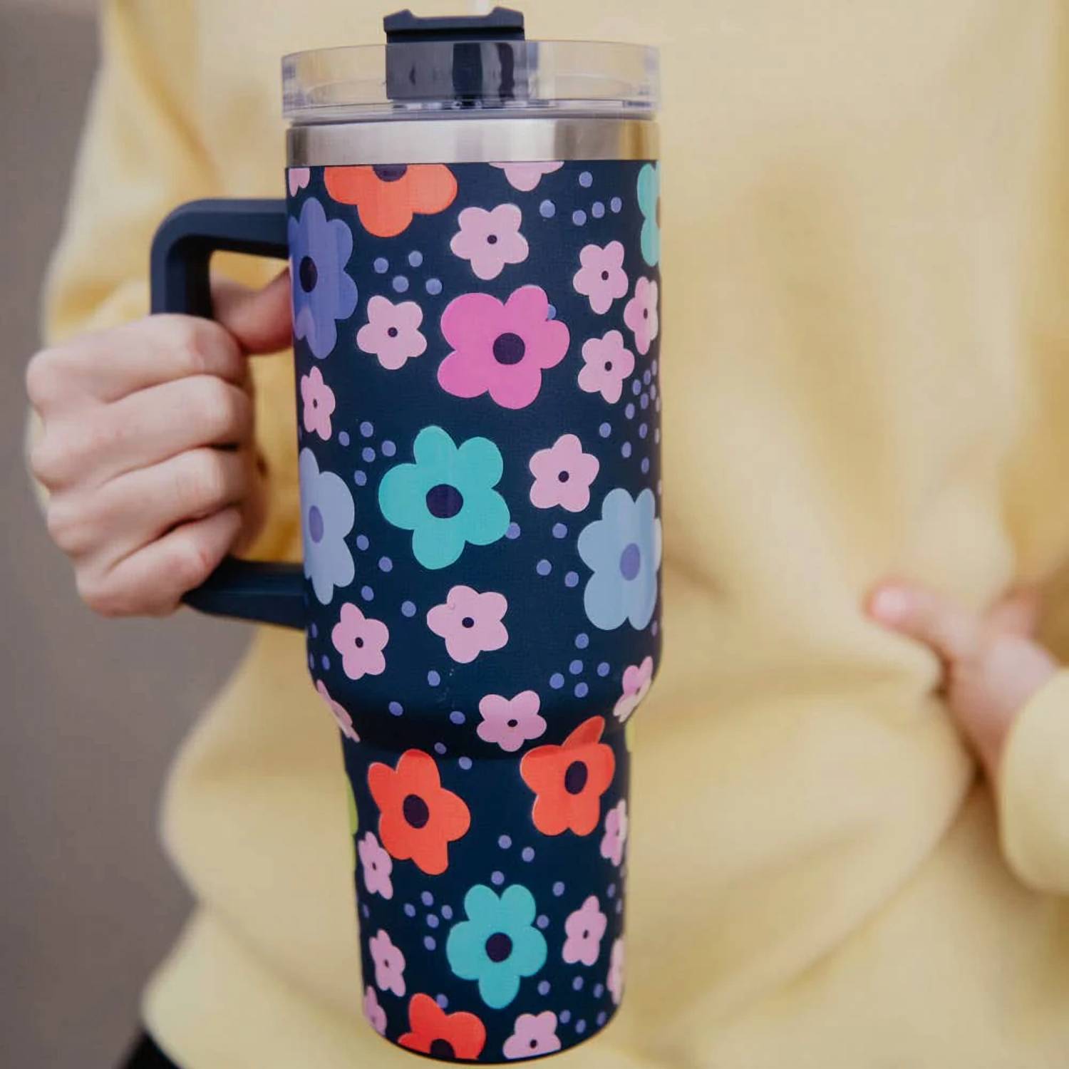 Katydid - Daisy Retro Groovy 40oz Stainless Steel Tumbler With Handle