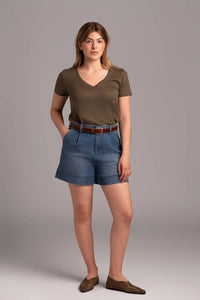 MAJESTIC FILATURES Stretch Linen V-neck Tee in lichen - women's t-shirt - alternate view