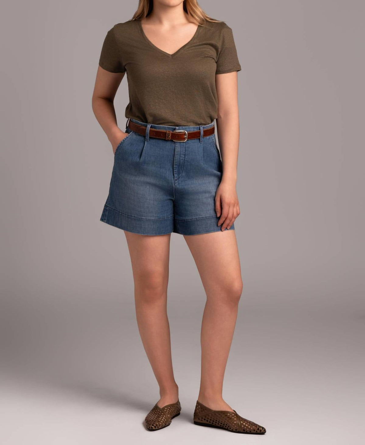 MAJESTIC FILATURES Stretch Linen V-neck Tee in lichen - women's t-shirt - detail view