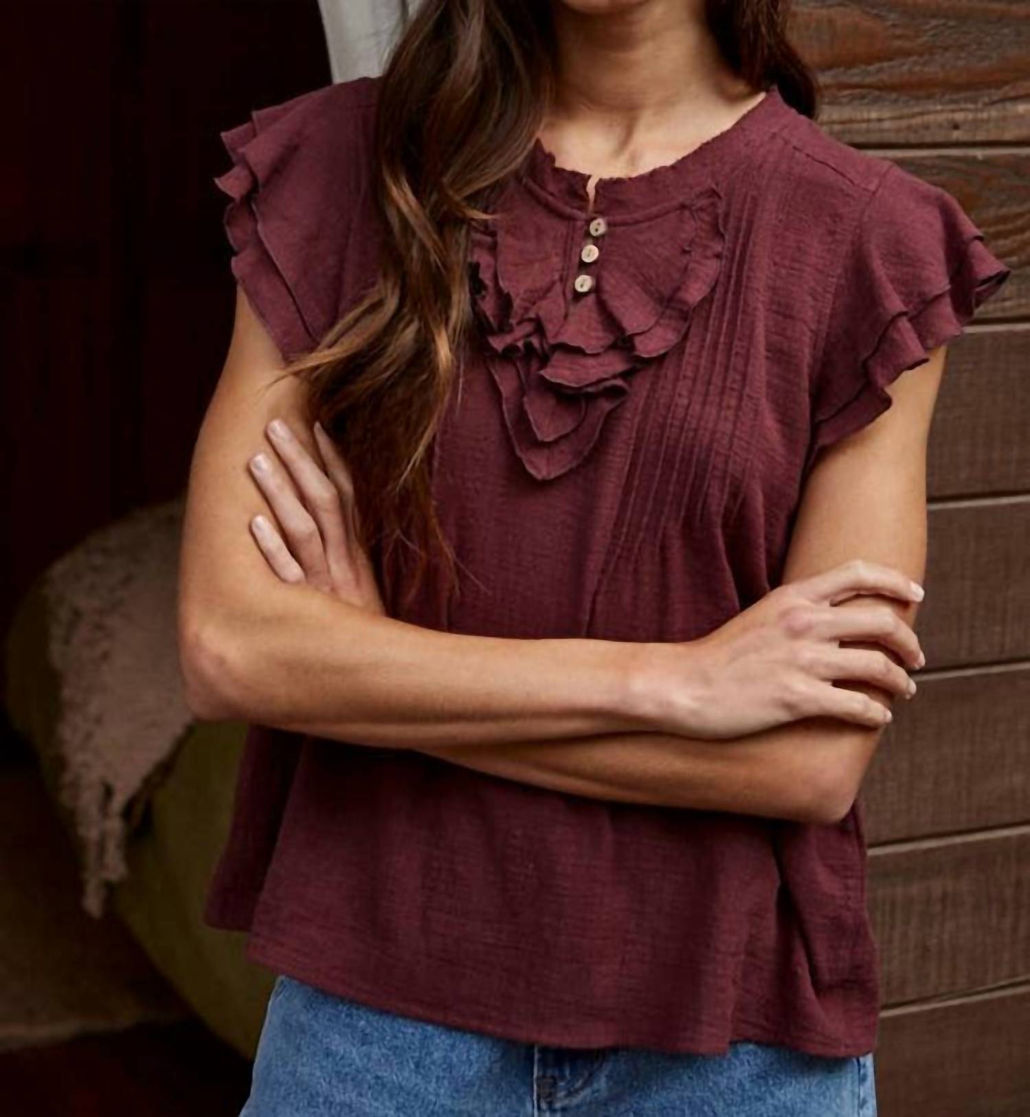 By Together Lacey Woven Button Top in wine - women's t-shirt - alternate view