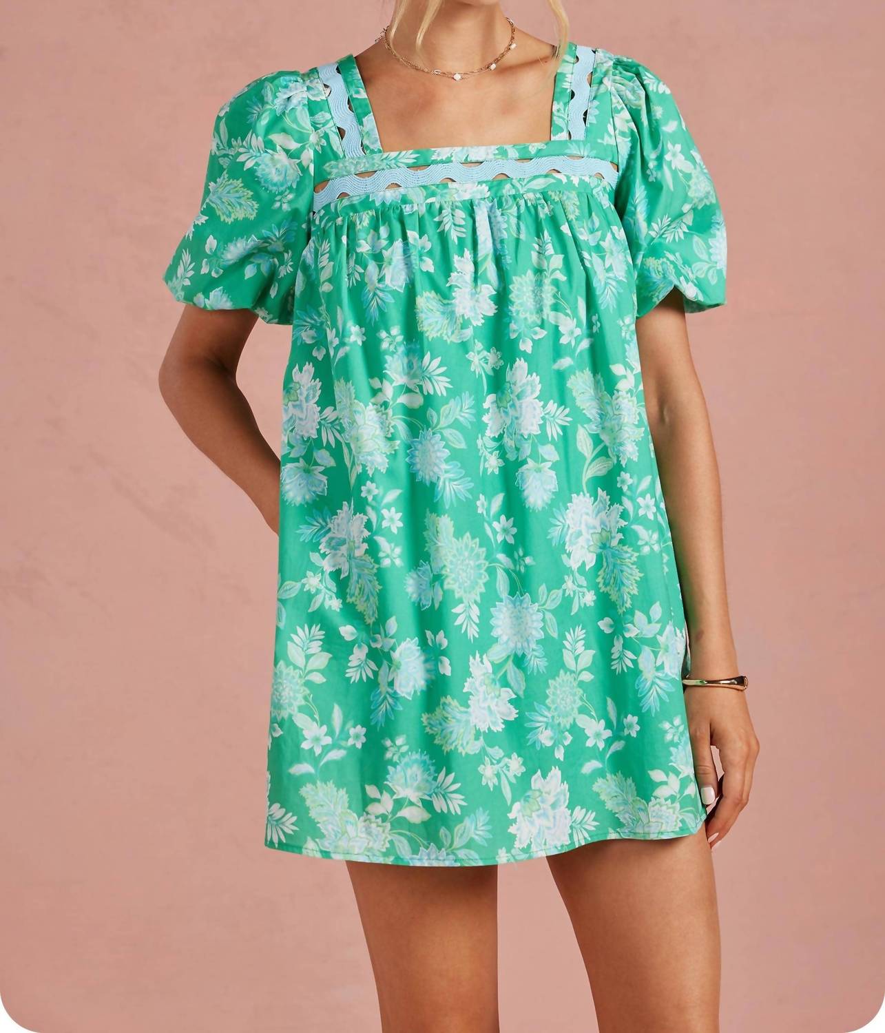 Strut & Bolt - Botanical Garden Ric-rac Puff Sleeve Mini Dress