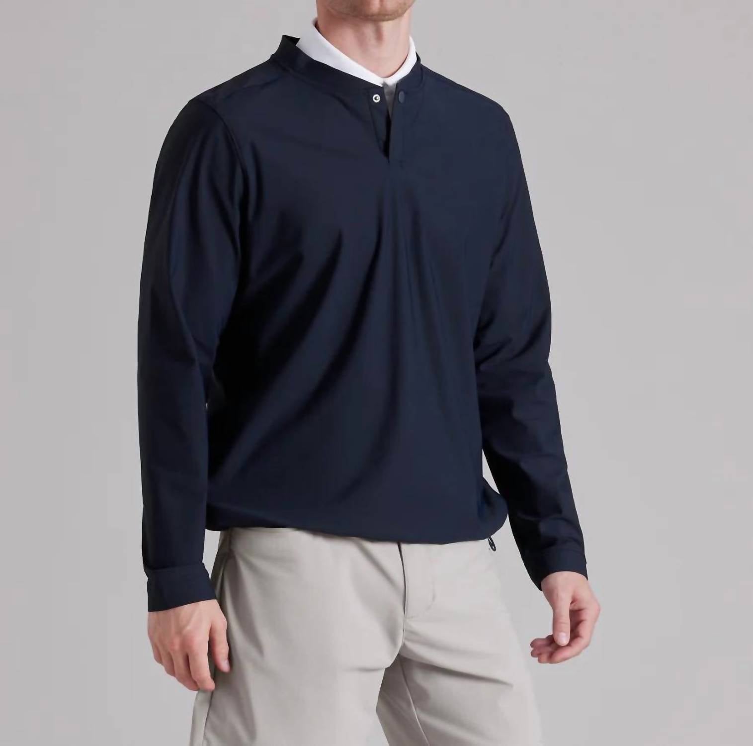 RHONE Momentum Golf Snap Crew Top in navy - men's long sleeve top - detail view