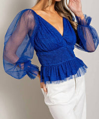 V Neck Mesh Dot Sleeve Blouse