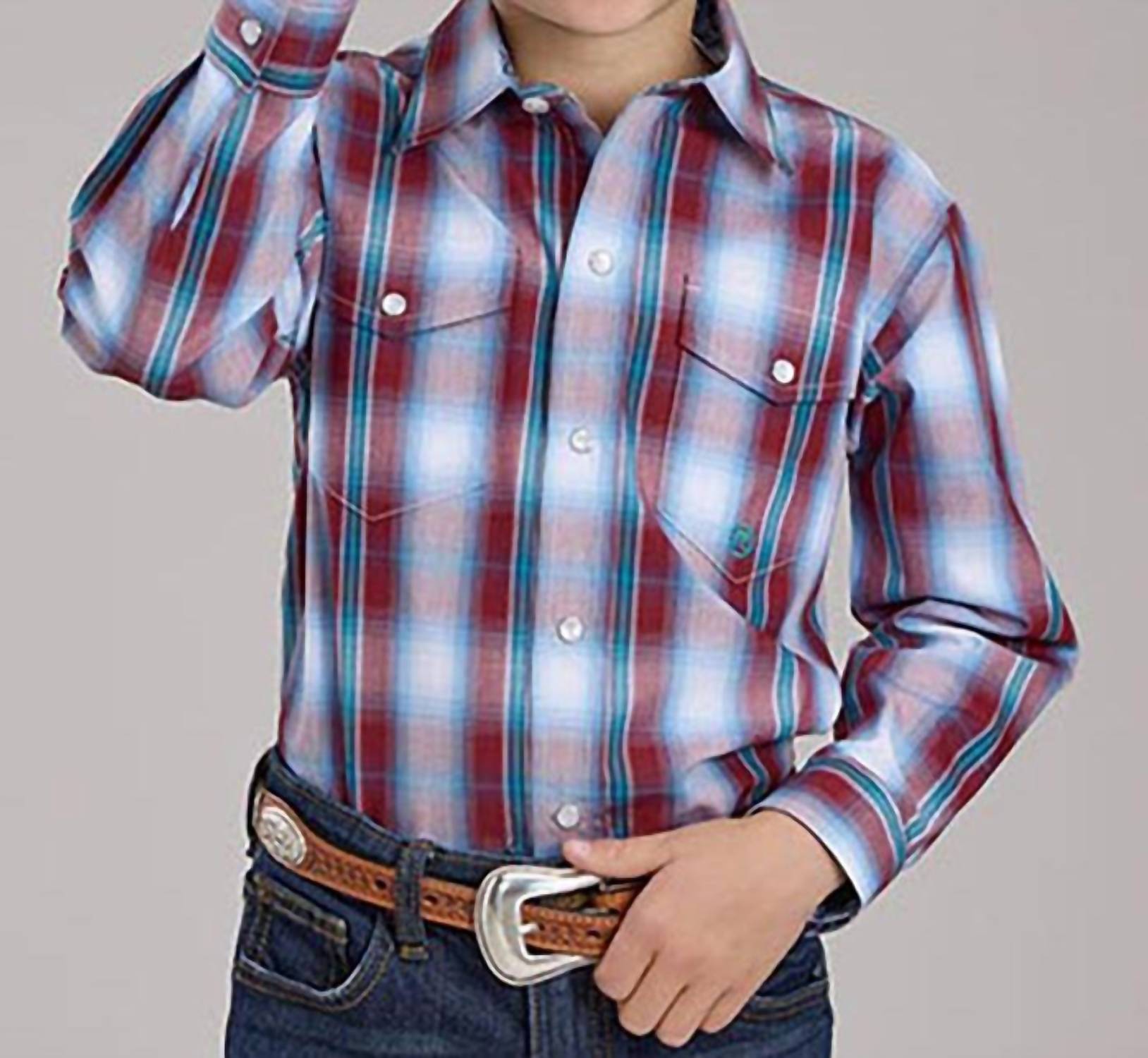ROPER Boys Amarillo Classic Snap Closure Plaid Shirt in red 1 - kids' long sleeve top
