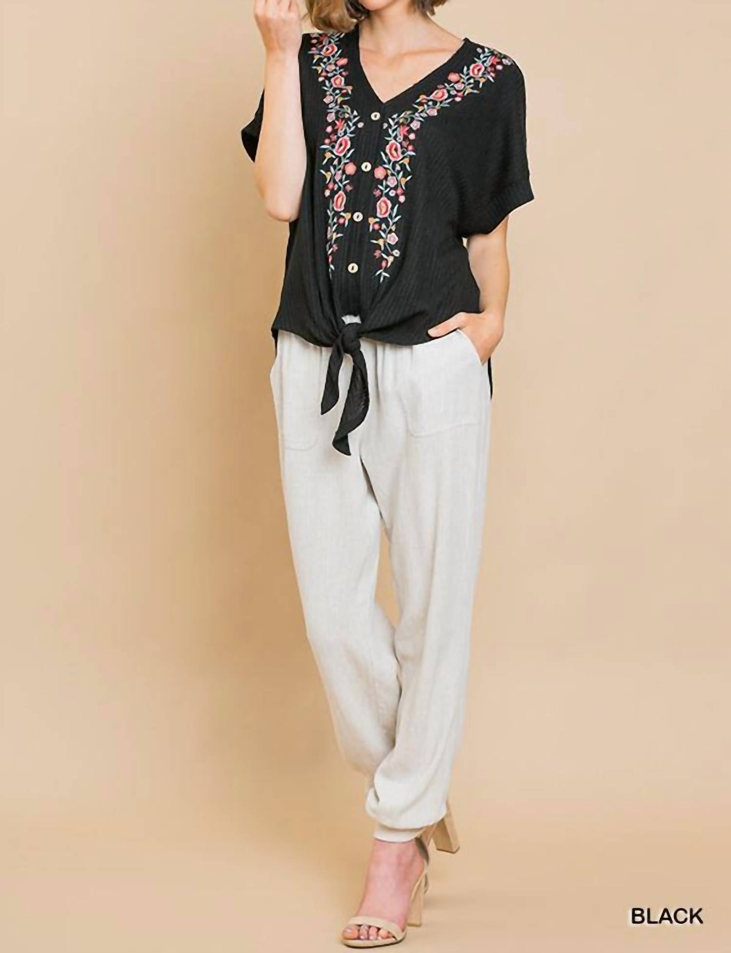 Umgee - Floral Embroidered Waffle Knit Top