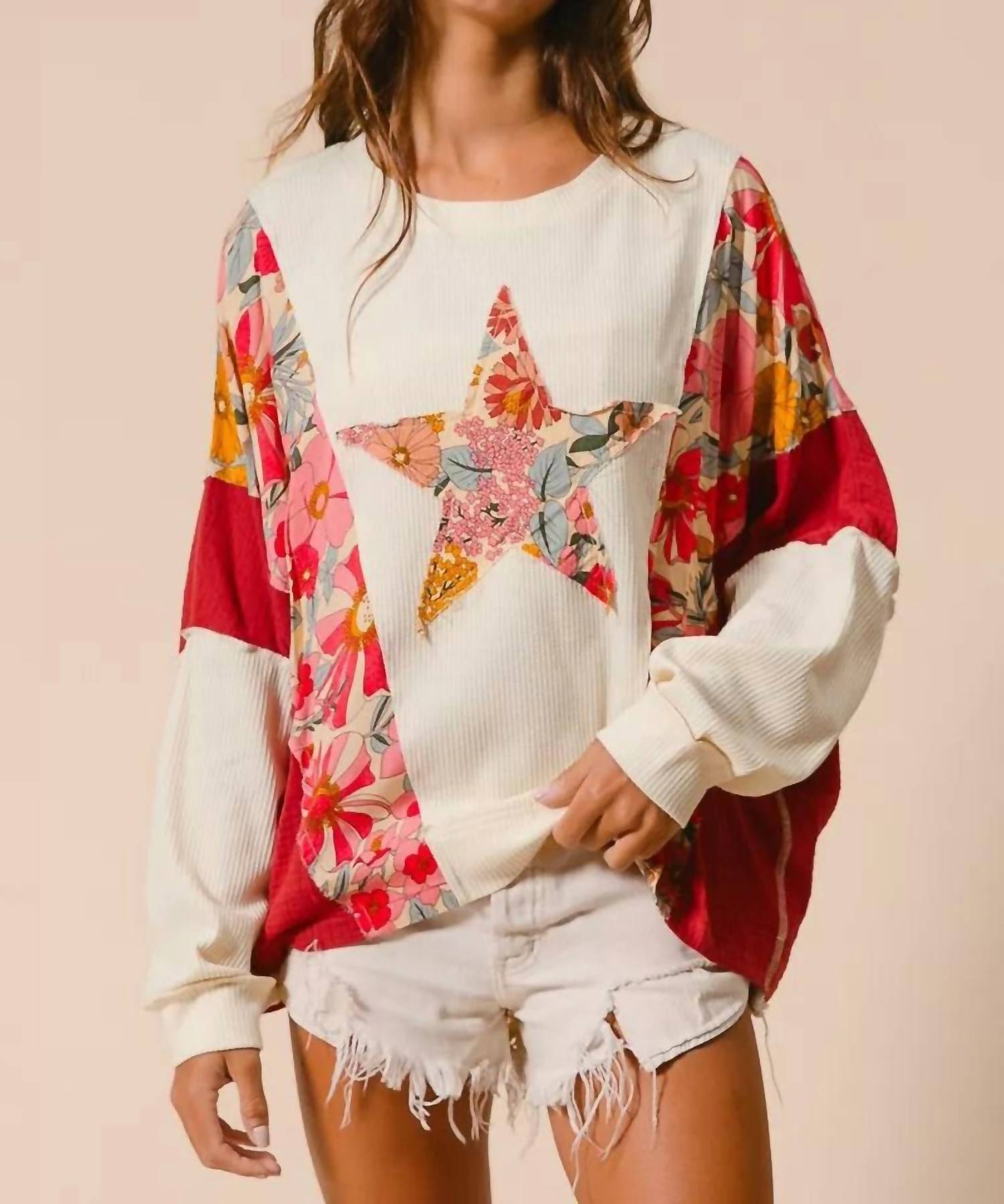 BiBi Mixed Print Knit Top in oatmeal - women's long sleeve top - view 4