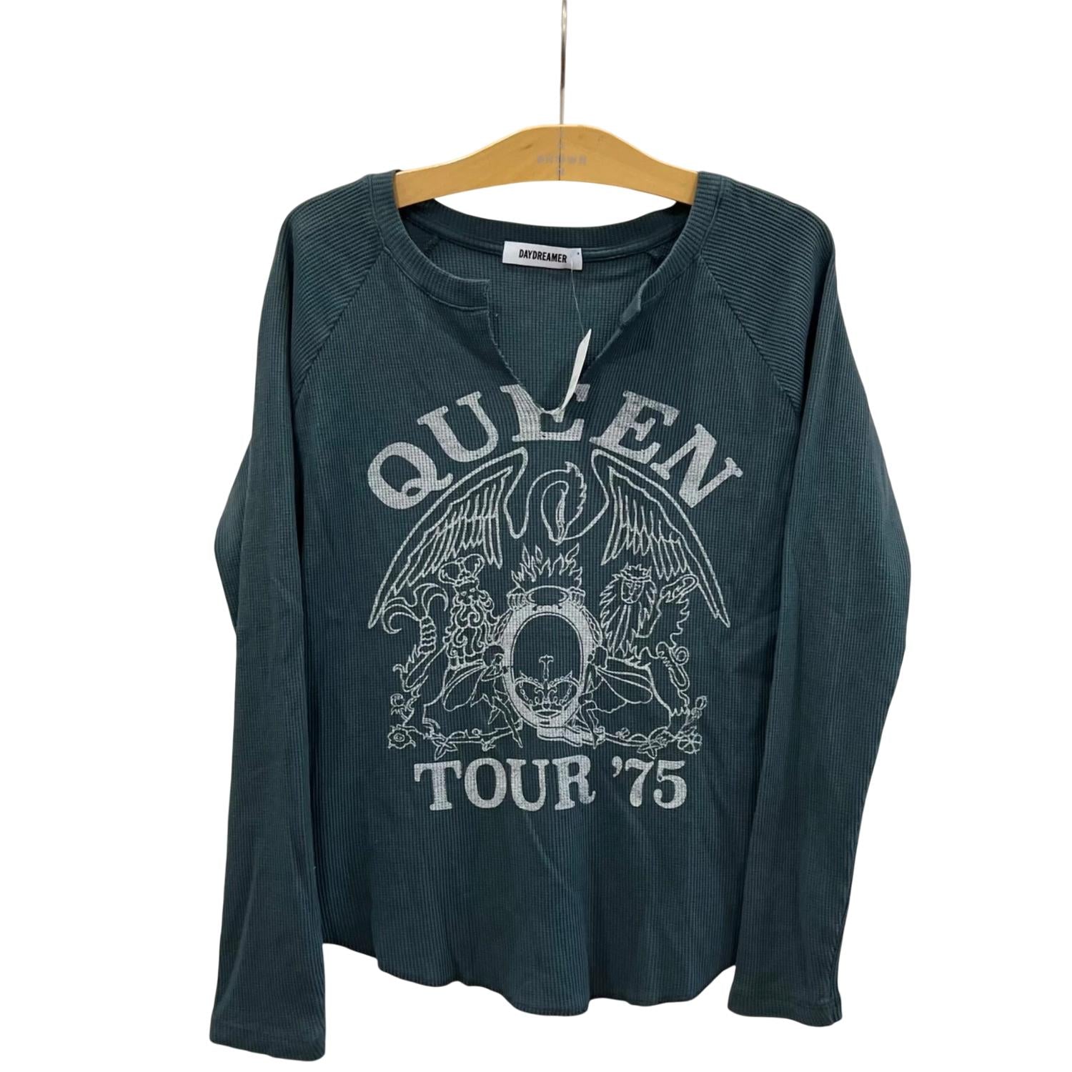 DAYDREAMER Queen Crest Notch Neck Thermal Tee in vintage black - women's long sleeve top - detail view