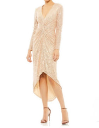 Mac Duggal - Sequin Knotted Long Sleeve Midi Dress