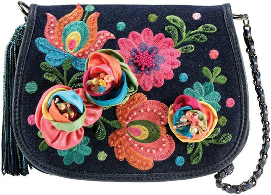 Mary Frances - Darling Embroidered Flowers Denim Mini Crossbody Purse
