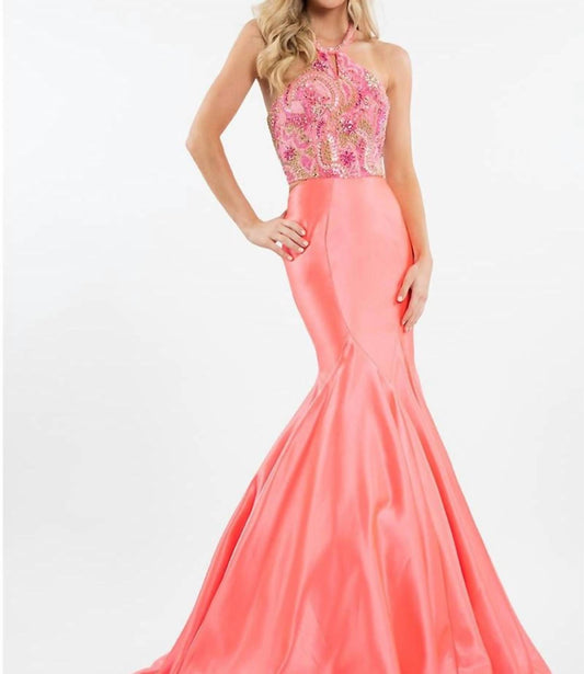 Rachel Allan - Two-piece Matte Satin Beaded Halter Prom Gown
