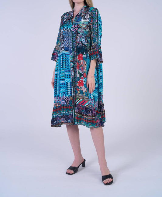 Shana Apparel - Blue Print Button Collar Midi Dress