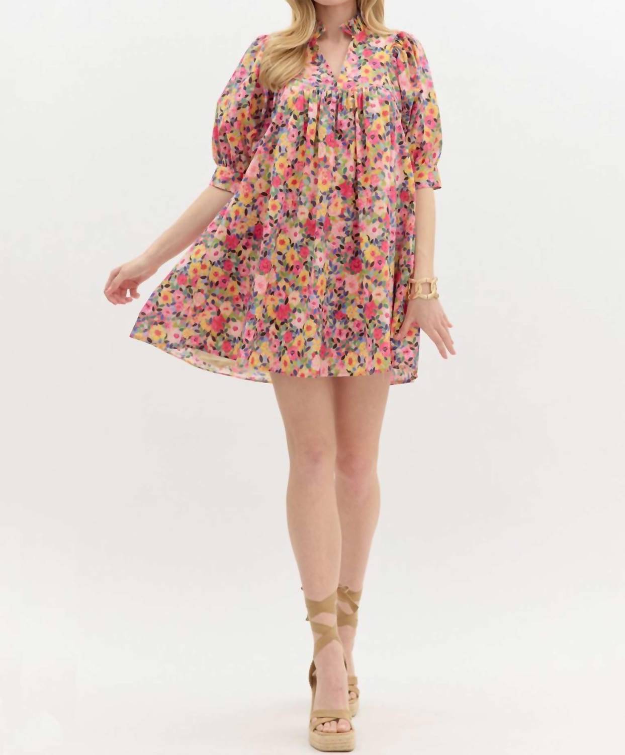 entro Floral Print Ruffle V-neck Mini Dress in pink - women's dress - view 6
