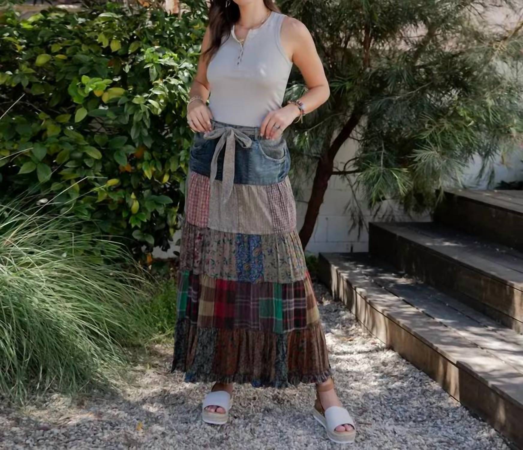 Young Threads - Patchwork Belted Maxi Skirt