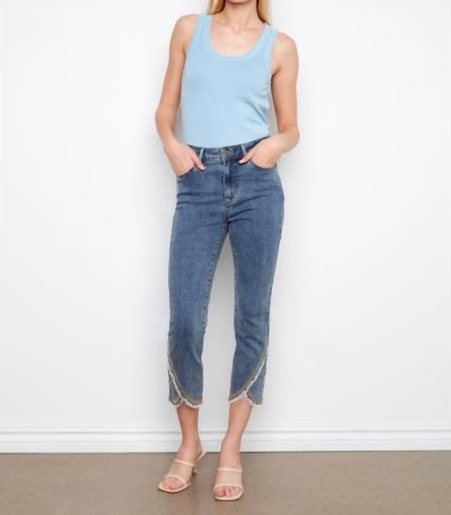 CHARLIE B Slim Leg Tulip Hem Denim With Embroidery in blue - women's jeans - view 4