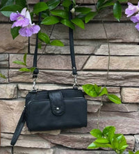 Roma Leathers Women's Leather Phone Crossbody Wallet in black - women's bag - detail view