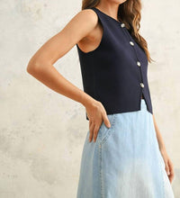 MIOU MUSE Metal Button Down Detail Vest in dark cobalt - women's tank top - detail view