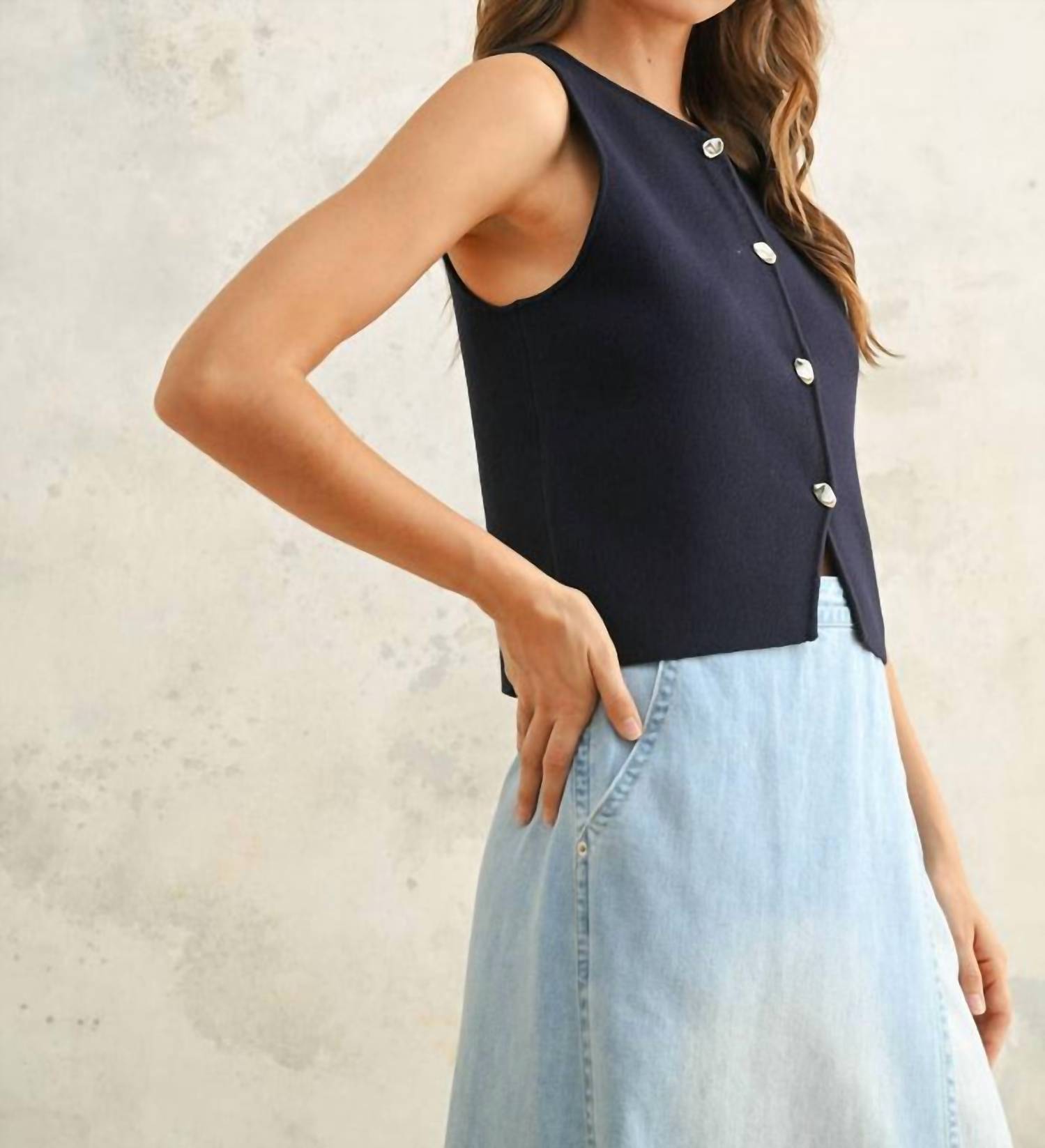 MIOU MUSE Metal Button Down Detail Vest in dark cobalt - women's tank top - detail view