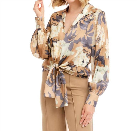 Karen Kane - Hydrangea Print Long Blouson Sleeve Tie-front Top