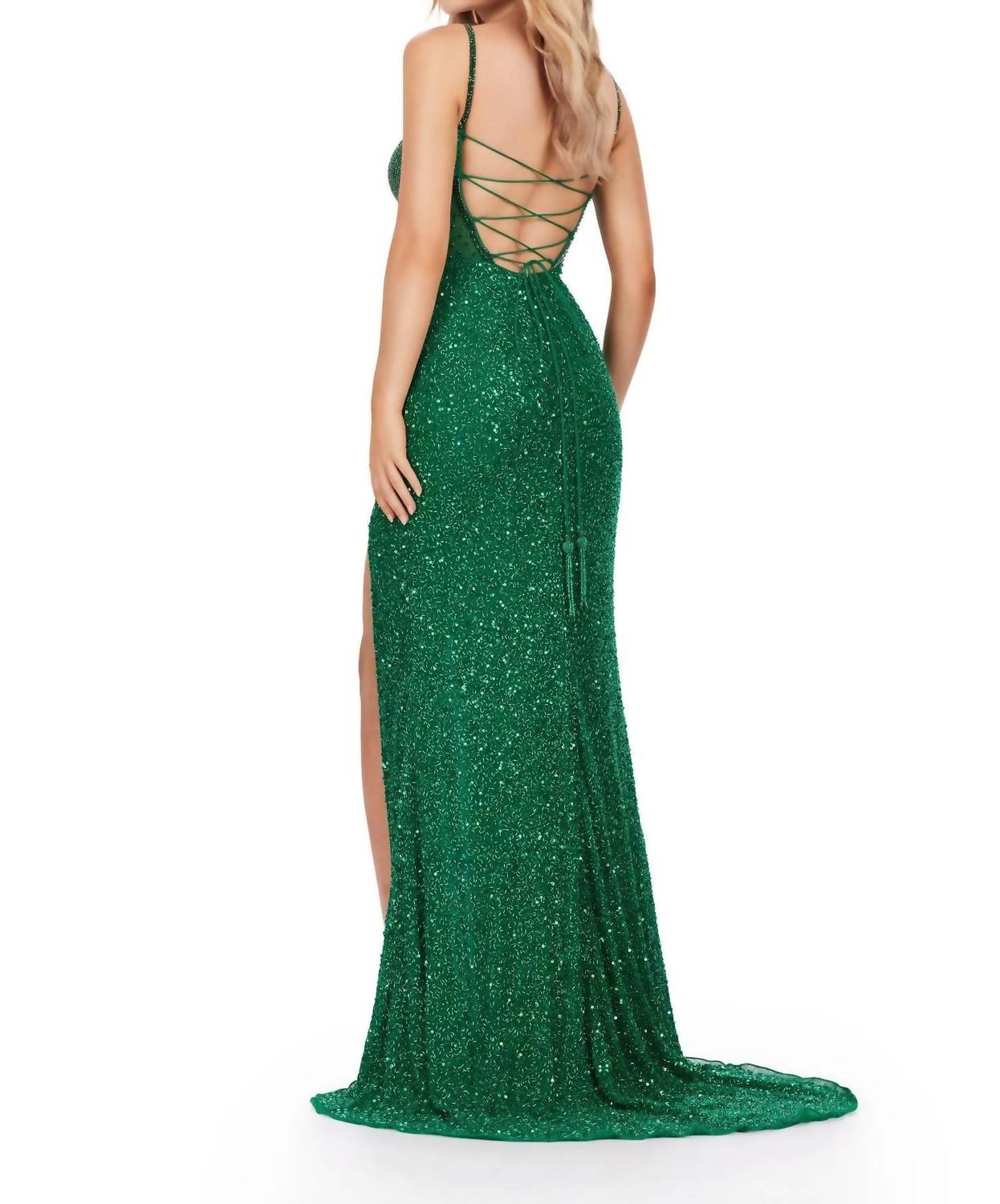 ASHLEYlauren Fully Beaded Corset Bustier Gown in emerald - women's dress - detail view