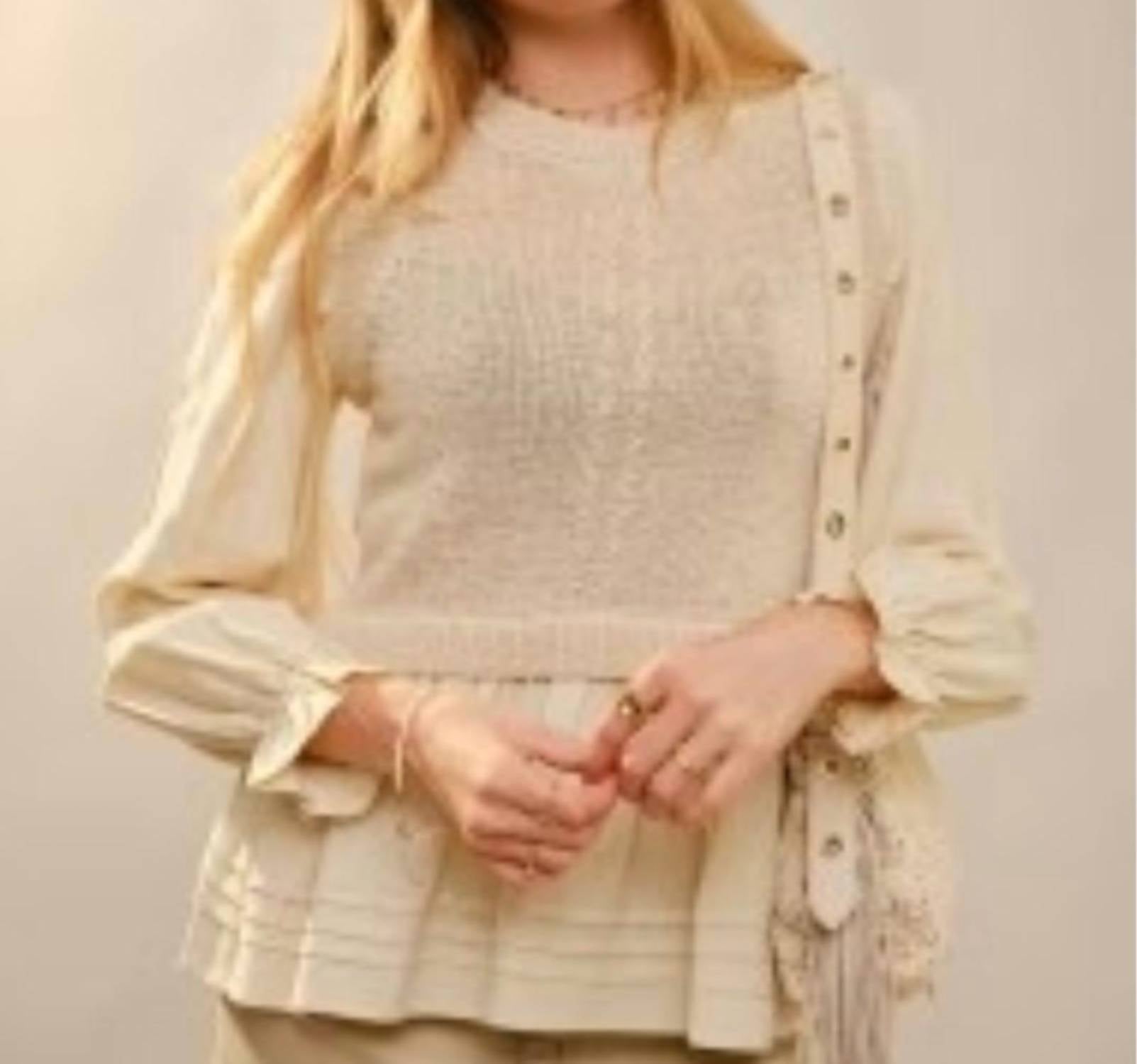 Blue B Long Ruffle Sleeve Knit Vest Peplum Top in beige - women's blouse