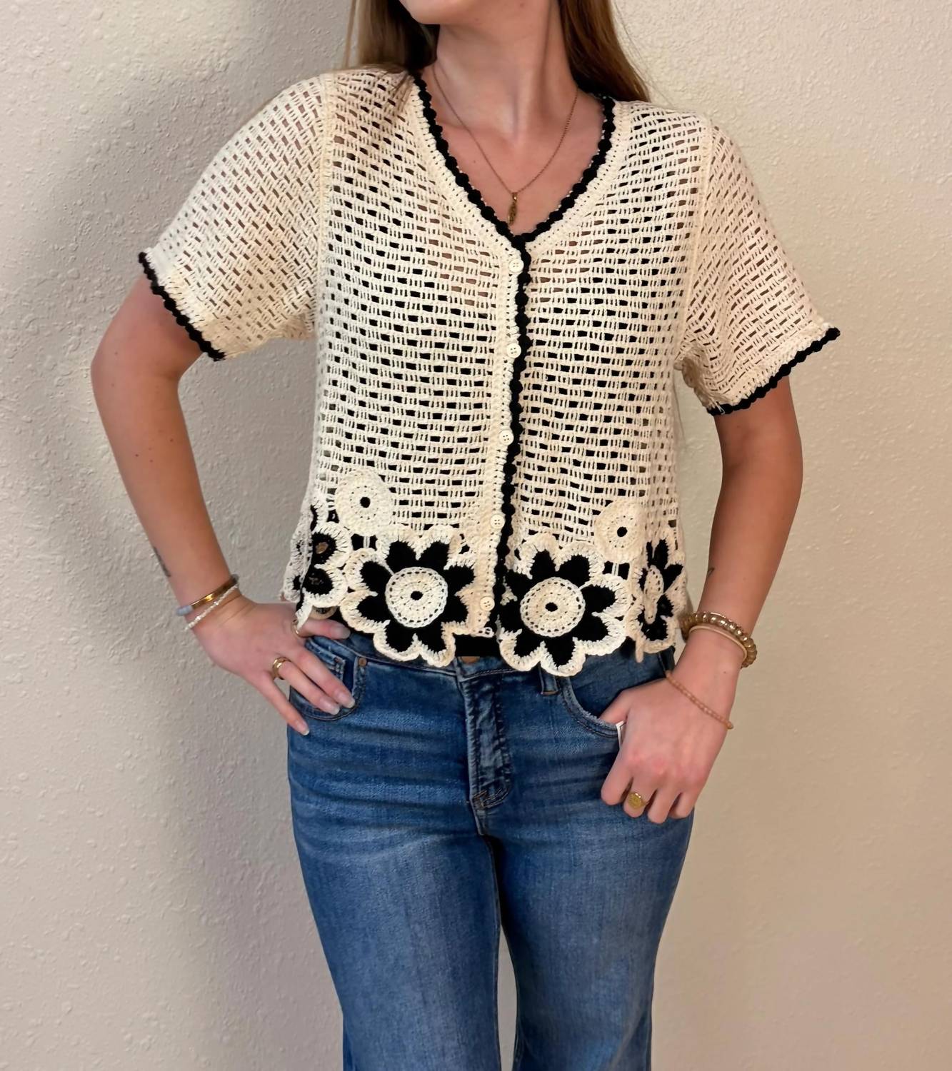 New In - Amelia Short Sleeve Crochet Cardigan