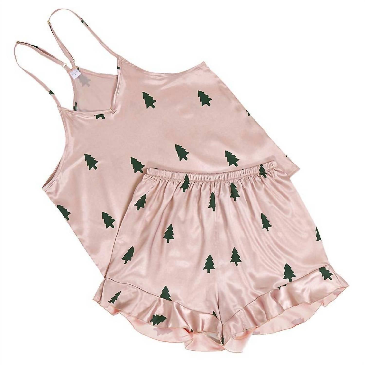 Bella Sleep + Spa - Woodland Tree Satin Cami And Ruffled Shorts Pajama Set