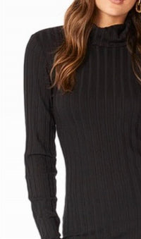 bobi Long Sleeve Mock Neck Ribbed Dress in black - women's dress - detail view