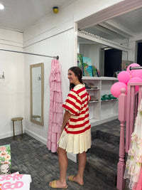 Fantastic Fawn - Abby Striped Stress Collared Puff Sleeves Mini Dress