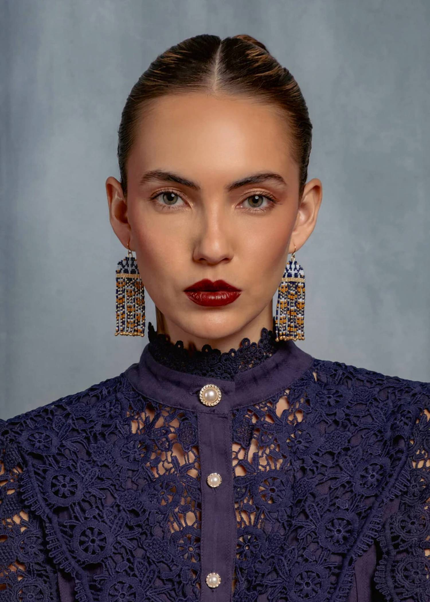 Mayana Designs Women's Brocade Garden Earrings in blue mustard - women's jewelry - alternate view