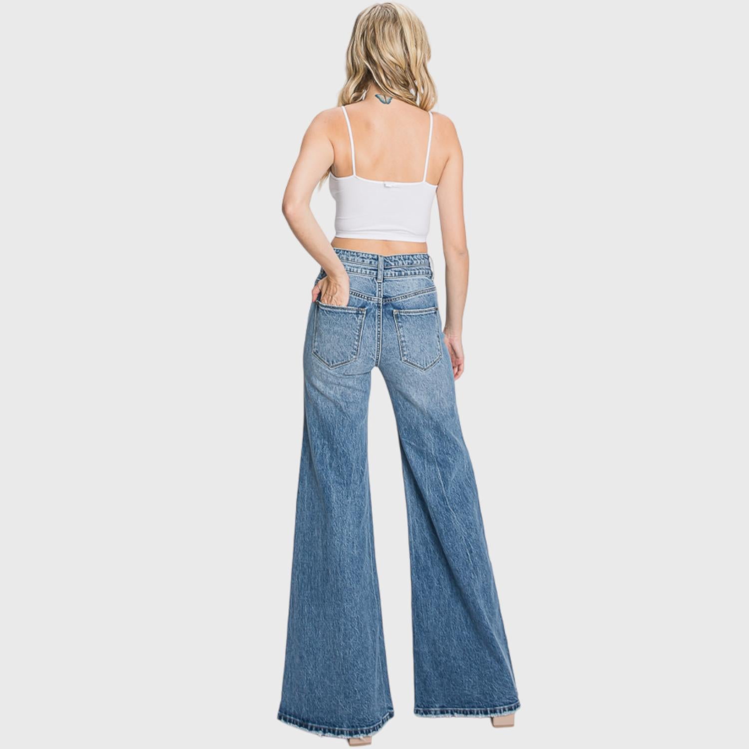 Petra153 - Women's Vintage High Waisted Stretch Wide Leg Jeans