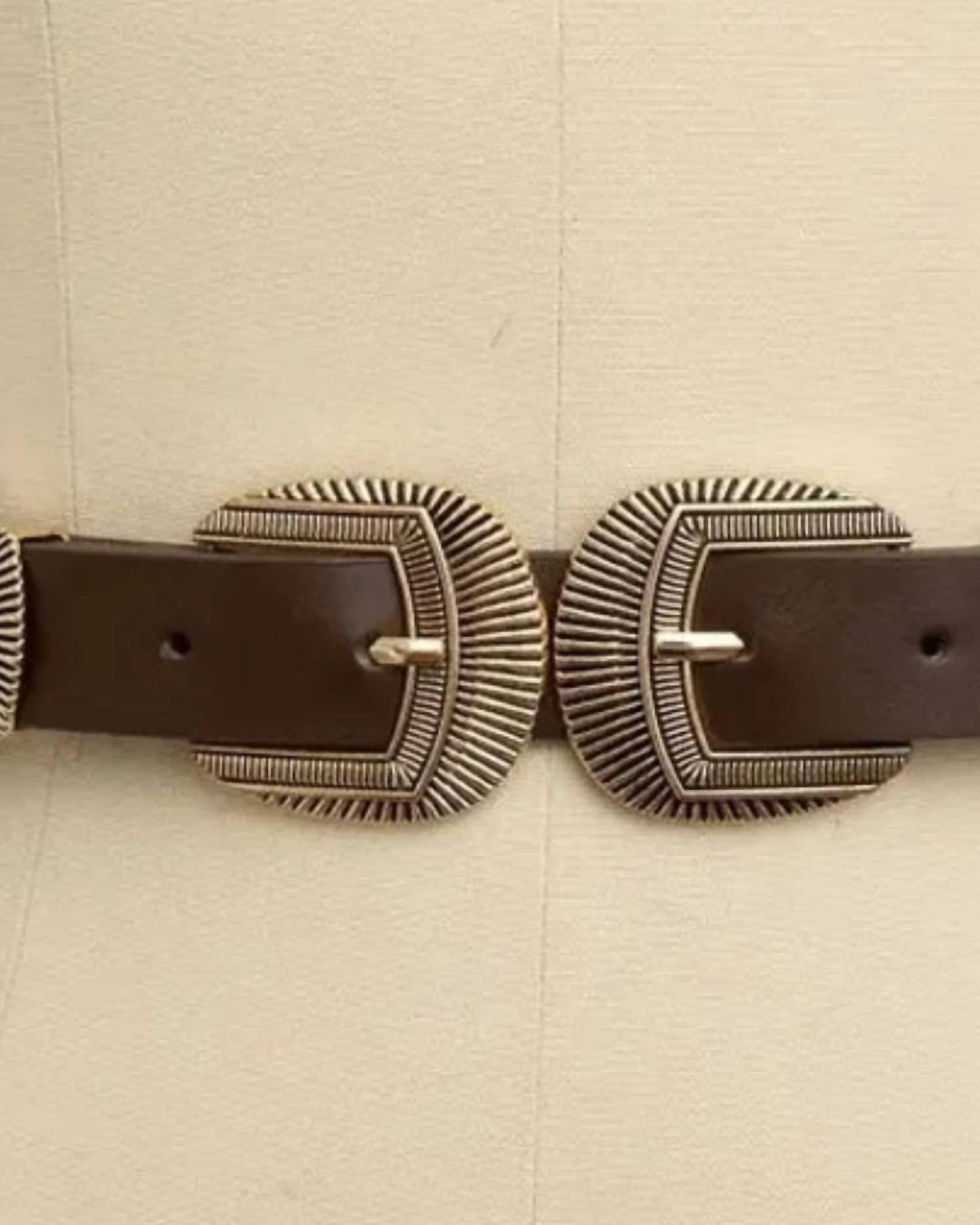LETO Women's Double Buckle Vegan Leather Western Belt in brown - women's accessory - detail view