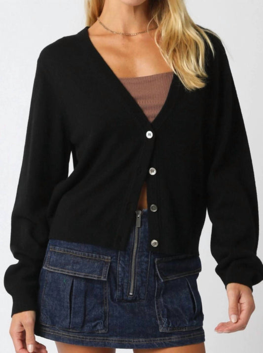 Olivaceous - Deep V Knit Button Cardigan