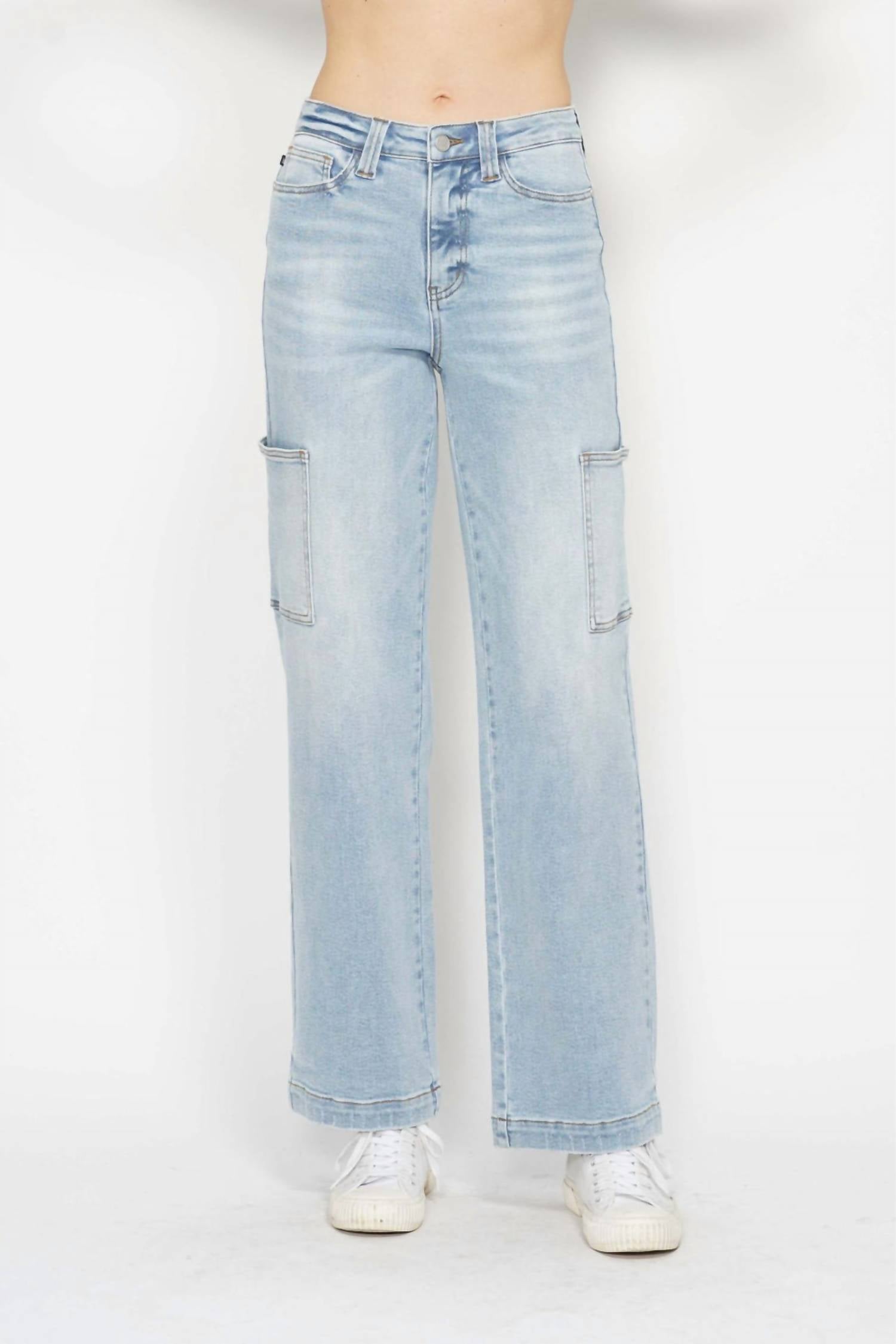 Judy Blue High Waist Cargo Wide Leg Denim Jeans in light blue - women's jeans