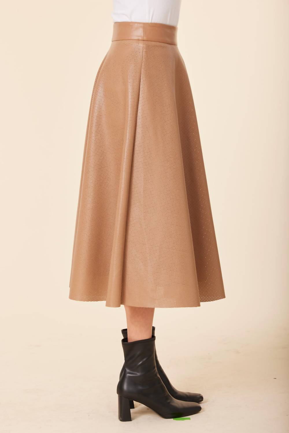 DOLCE CABO Faux Leather Perforated Skirt in camel - women's skirt - detail view