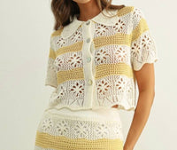 Miou Muse - Floral Crochet Knit Button Front Top