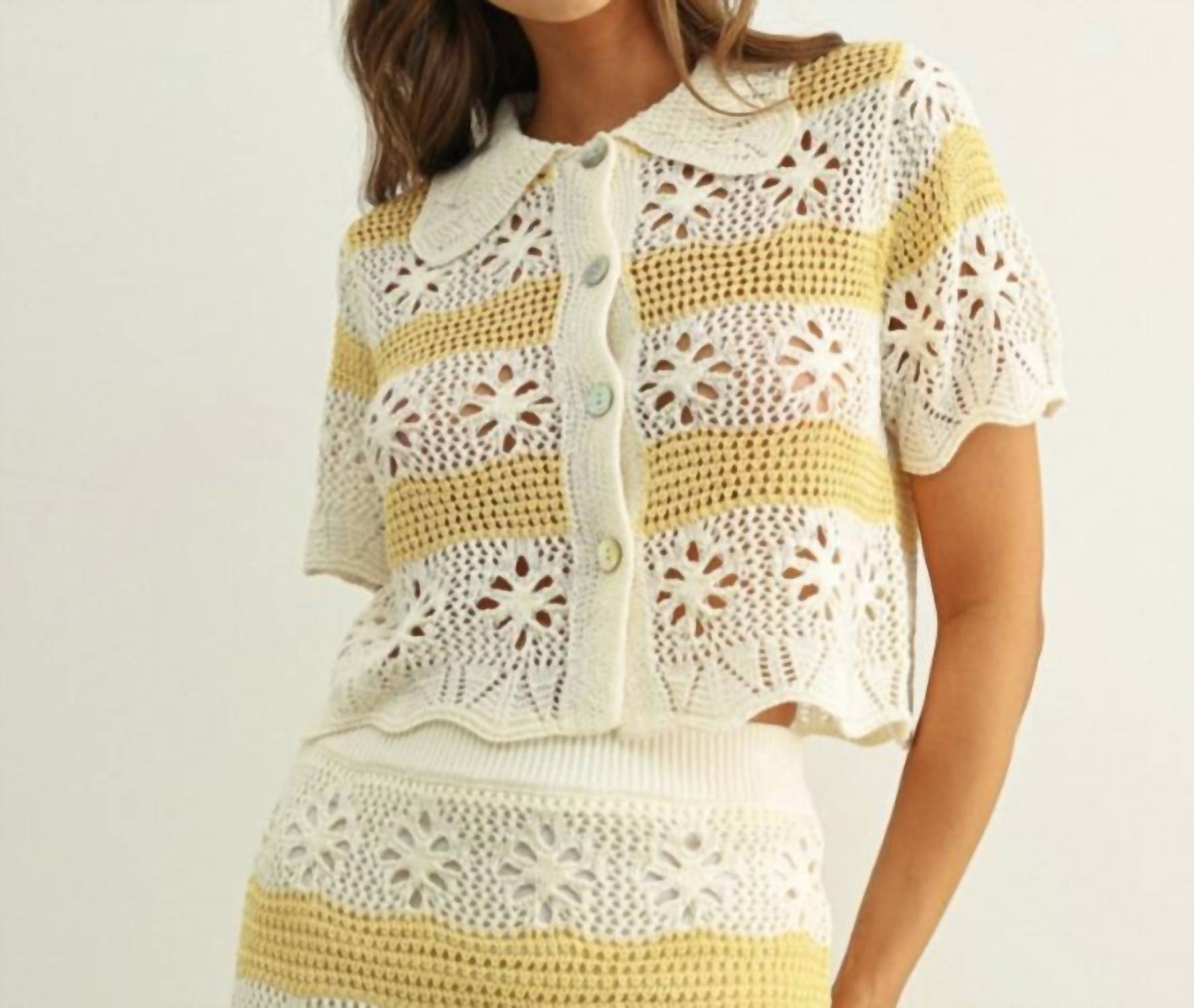 Miou Muse - Floral Crochet Knit Button Front Top