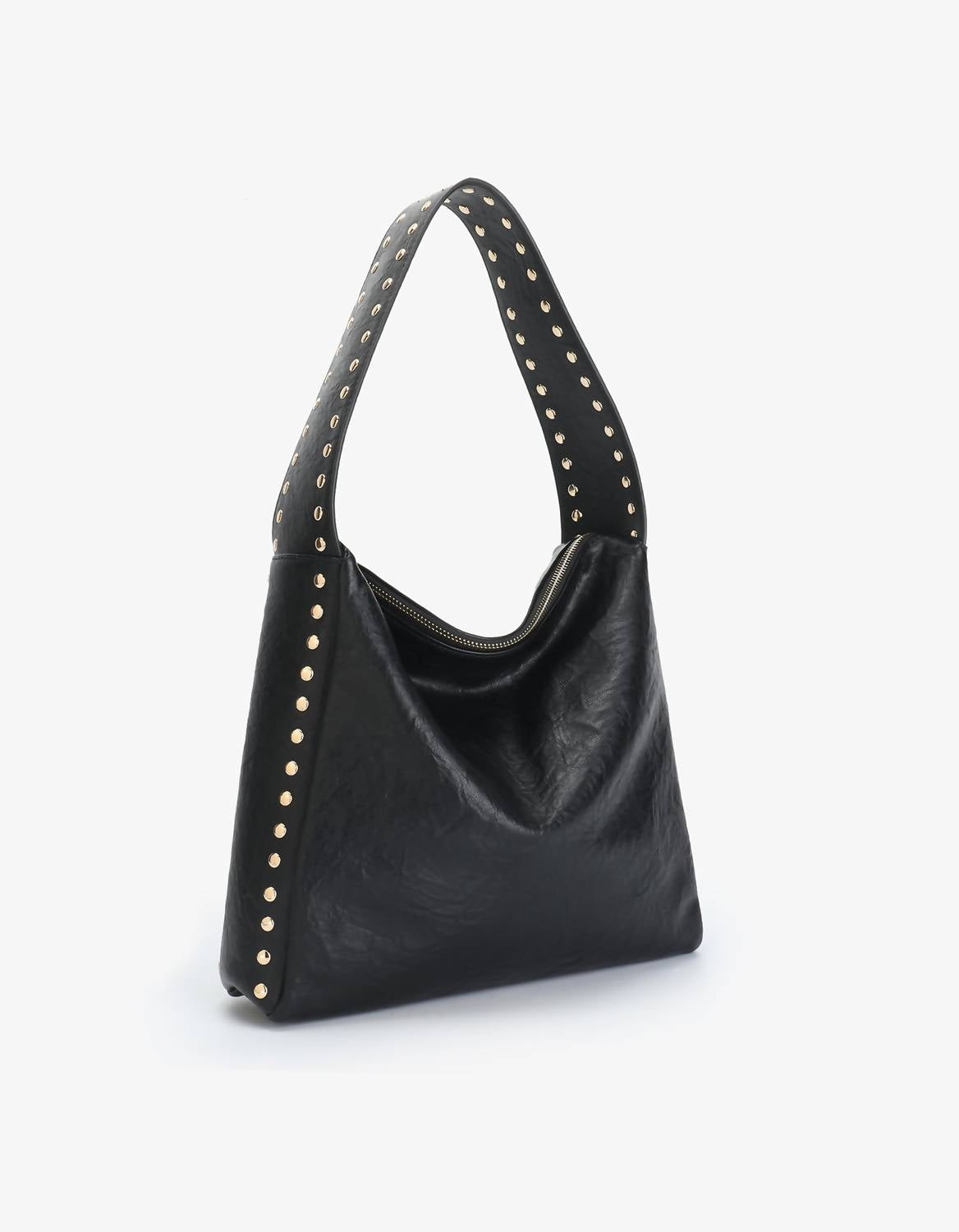 REMI/REID Women's Pascal Vegan Studded Shoulder Bag in black gold - women's bag - detail view