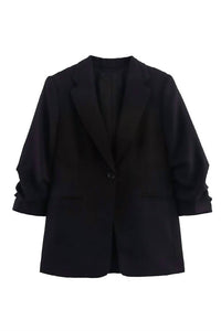 SUNDAYUP Women's Pleated Sleeve Blazer Jacket in black - women's jacket - detail view