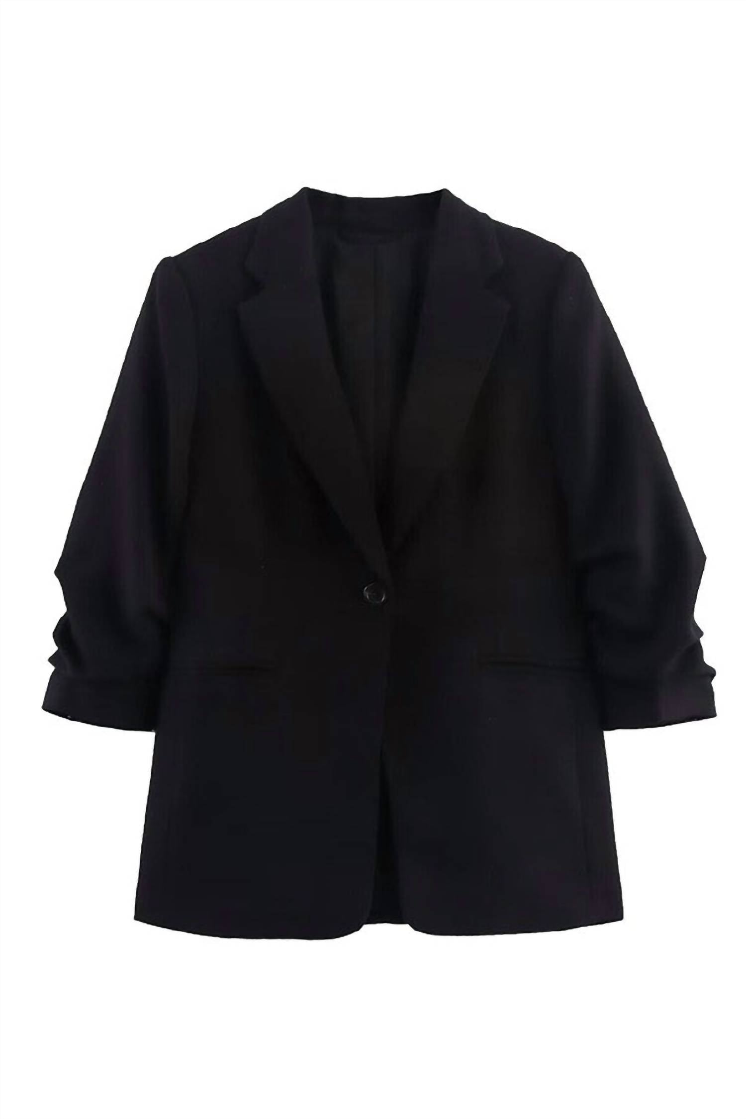 SUNDAYUP Women's Pleated Sleeve Blazer Jacket in black - women's jacket - detail view