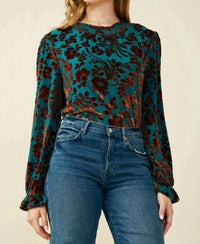 Hayden La - Paisley Burnout Velvet Ruffle Neck Top