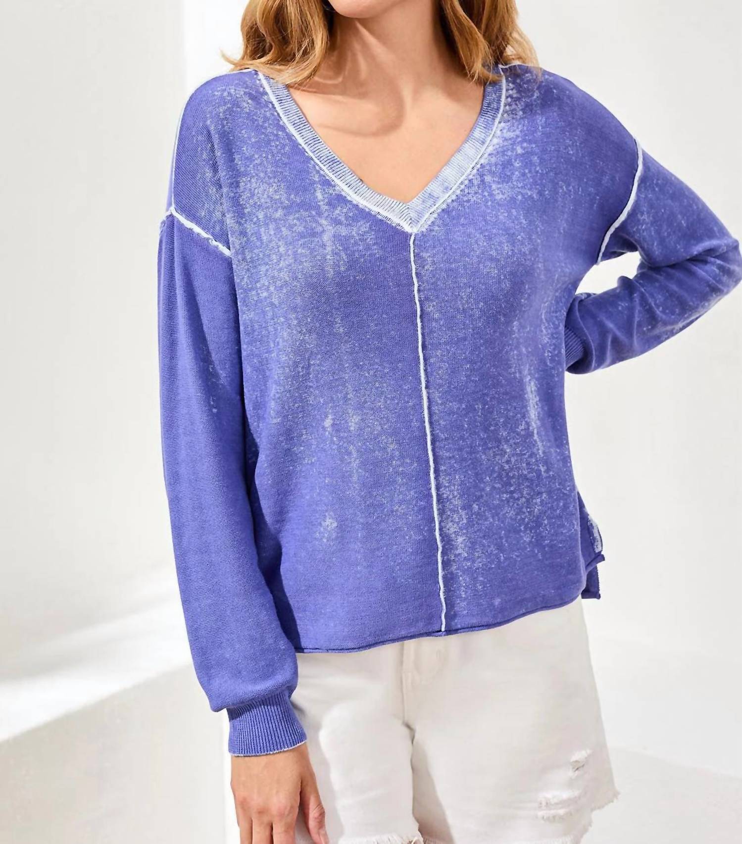 TRIBAL Lightweight Cotton V-neck Sweater in baja blue - women's sweater - view 4