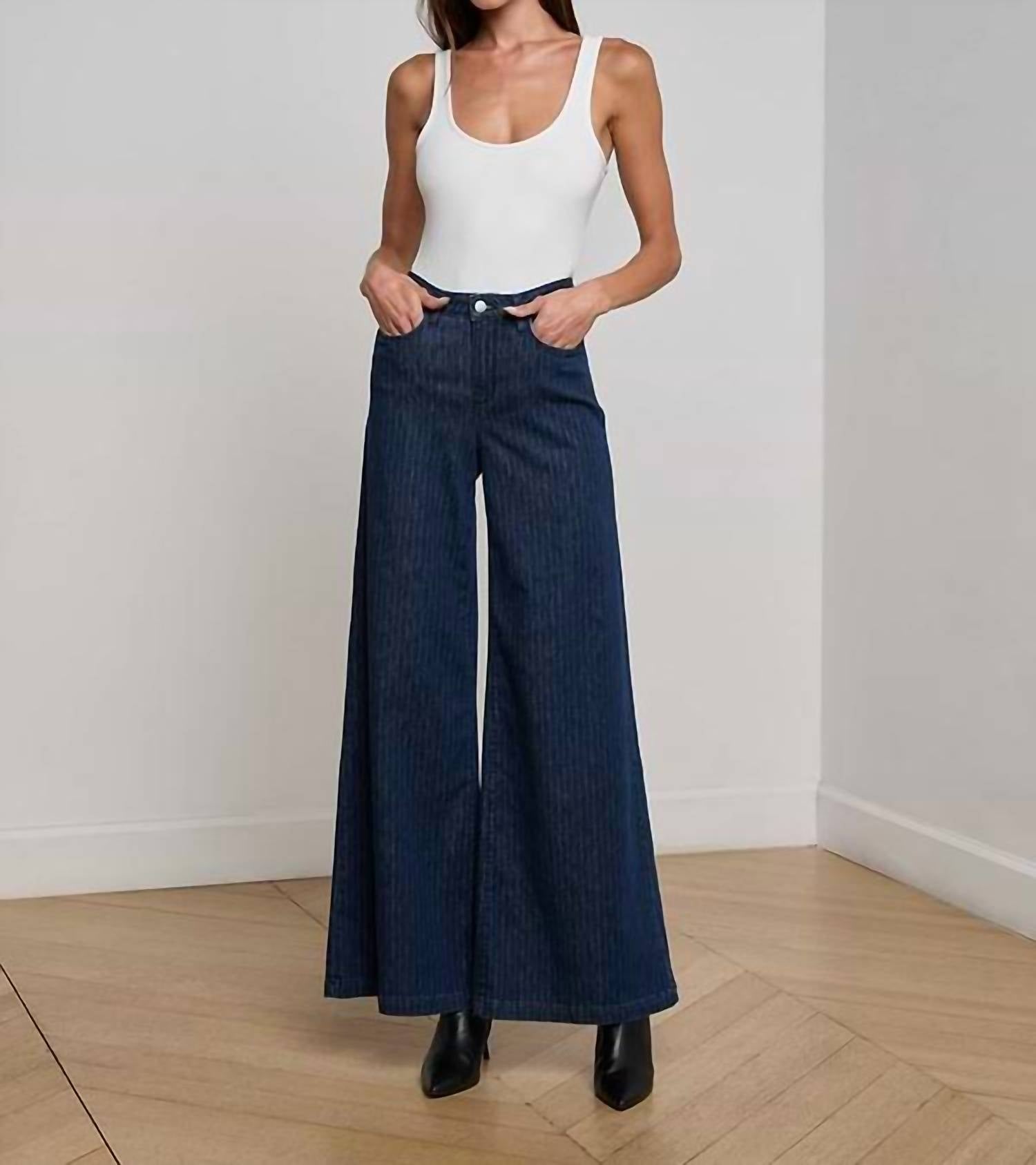 L'Agence Quincy Pinstriped Wide Leg Jean in ebony stripe - women's jeans - view 4